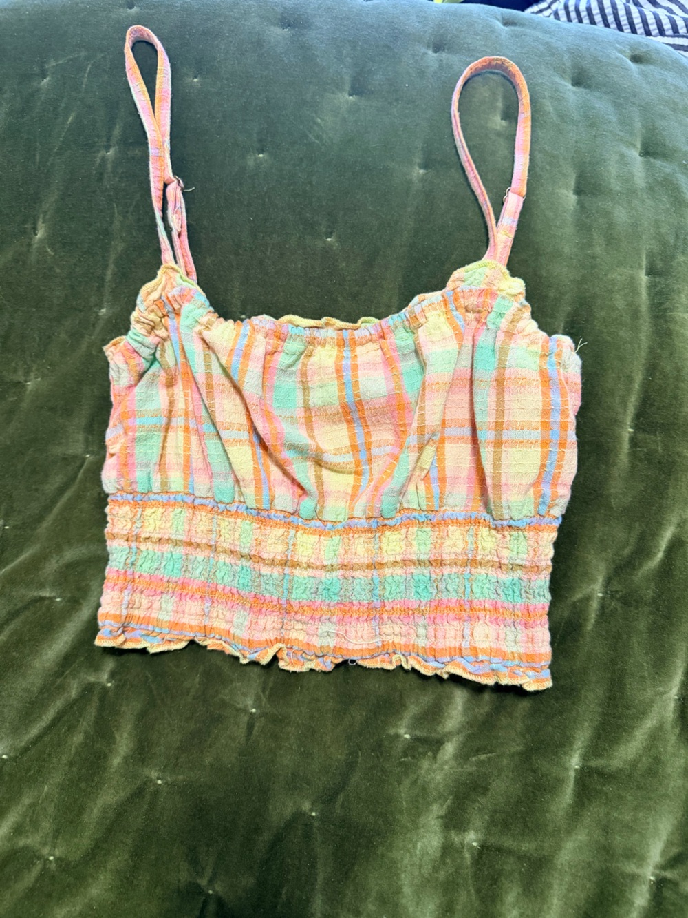 Billabong Pastel Plaid Smocked Crop Top - Pink, Mint & Peach